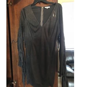 Long sleeve fringed suede dress